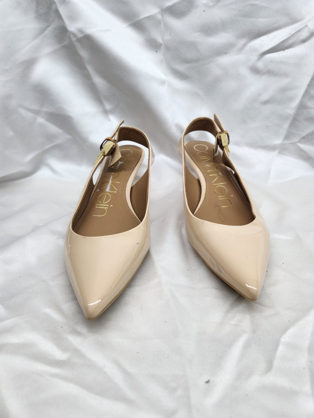 Calvin Klein Beige Patent Pointed Slingback Flats